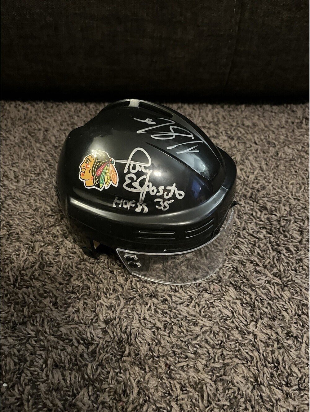 Tony Esposito & Denis Savard Signed Chicago Blackhawks Mini Helmet HOF Autograph